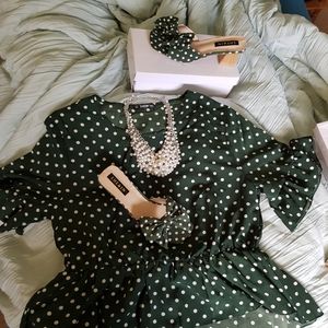 Polka Dot Blouse with Heel sandals and a neckless